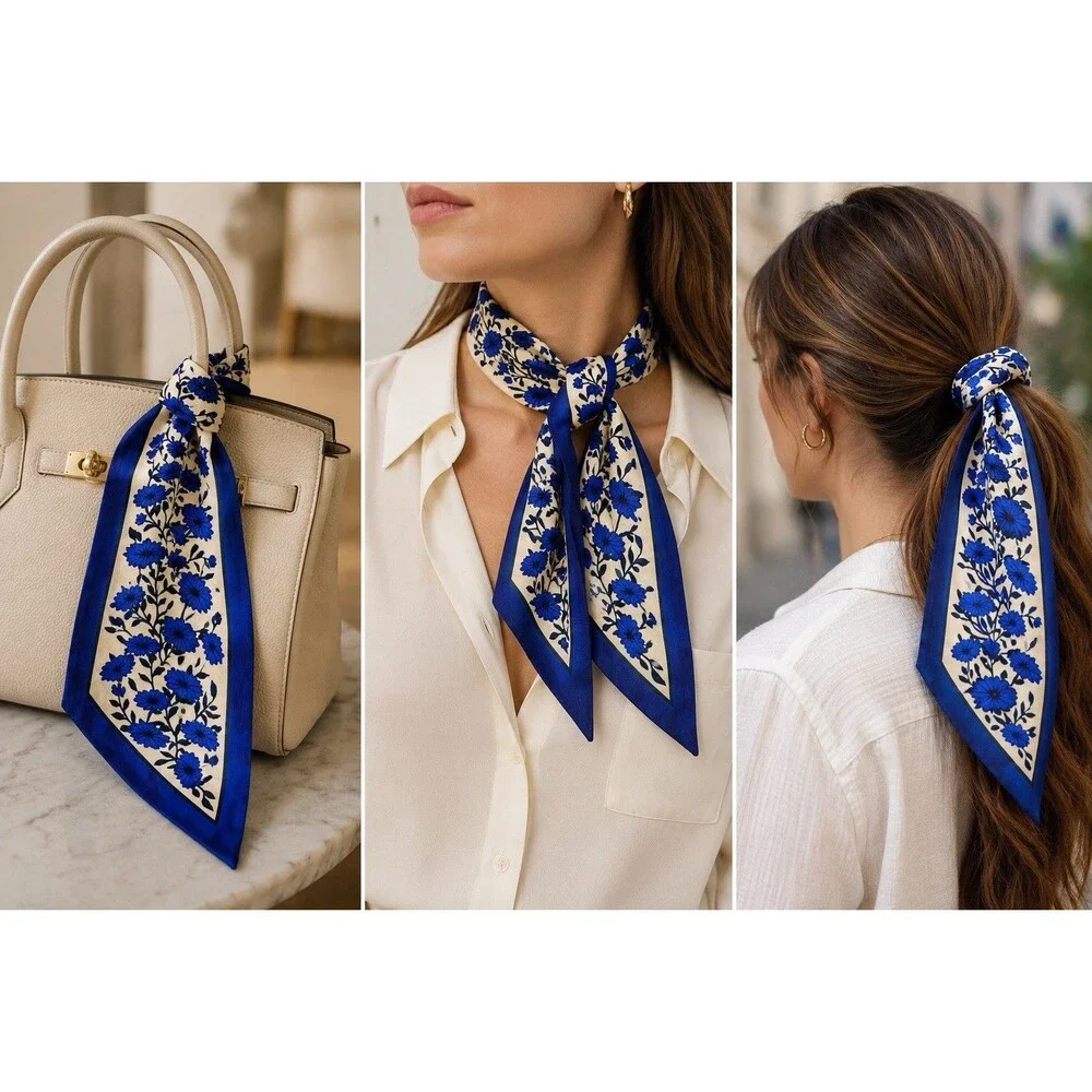 J Crew Scarf Womens Blue Cream Floral 100% Silk Skinny Twilly Printed BS227